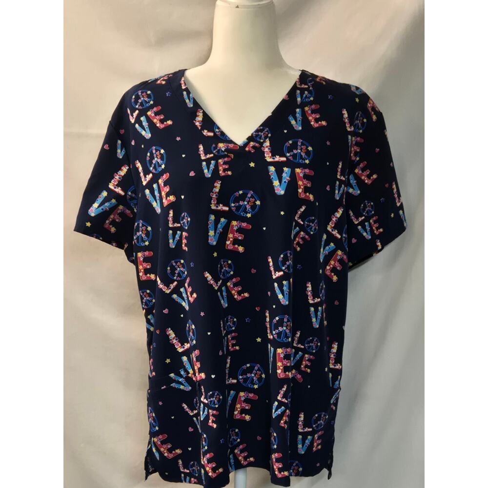 Womens Love Print Scrub Top Navy Blue V-Neck Peace Sign Nurse Uniform Size 2X - Picture 2 of 6